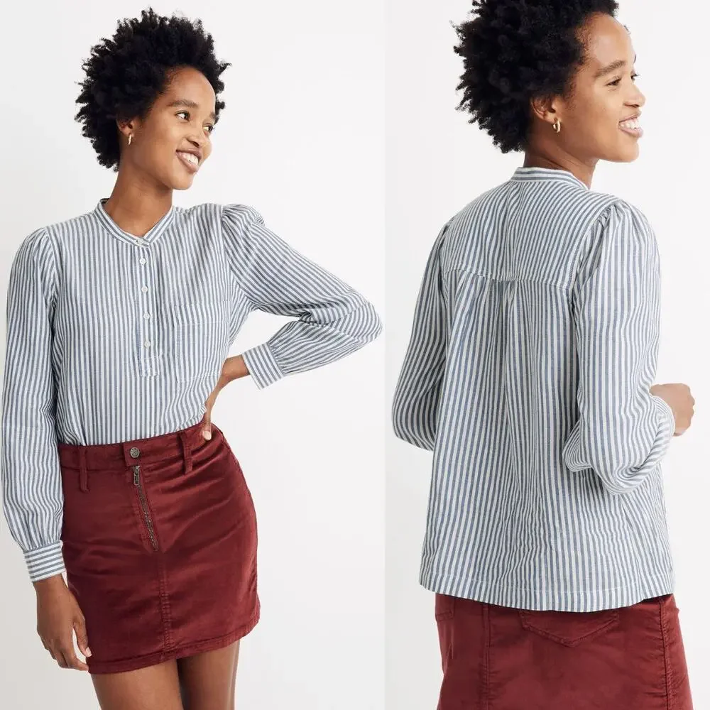 Madewell Puff-Sleeve Popover Shirt in Railroad Stripe Blue White Size XS Preppy